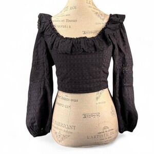 American Eagle Black Off Shoulder Ruffle Crop‎ Top Long Sleeve Top